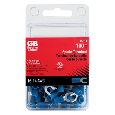 Gardner Bender Fork Terminal, 14 AWG, 600 V, Vinyl Insulated, Blue, Crimp Termination Only, 100 PK 10-114